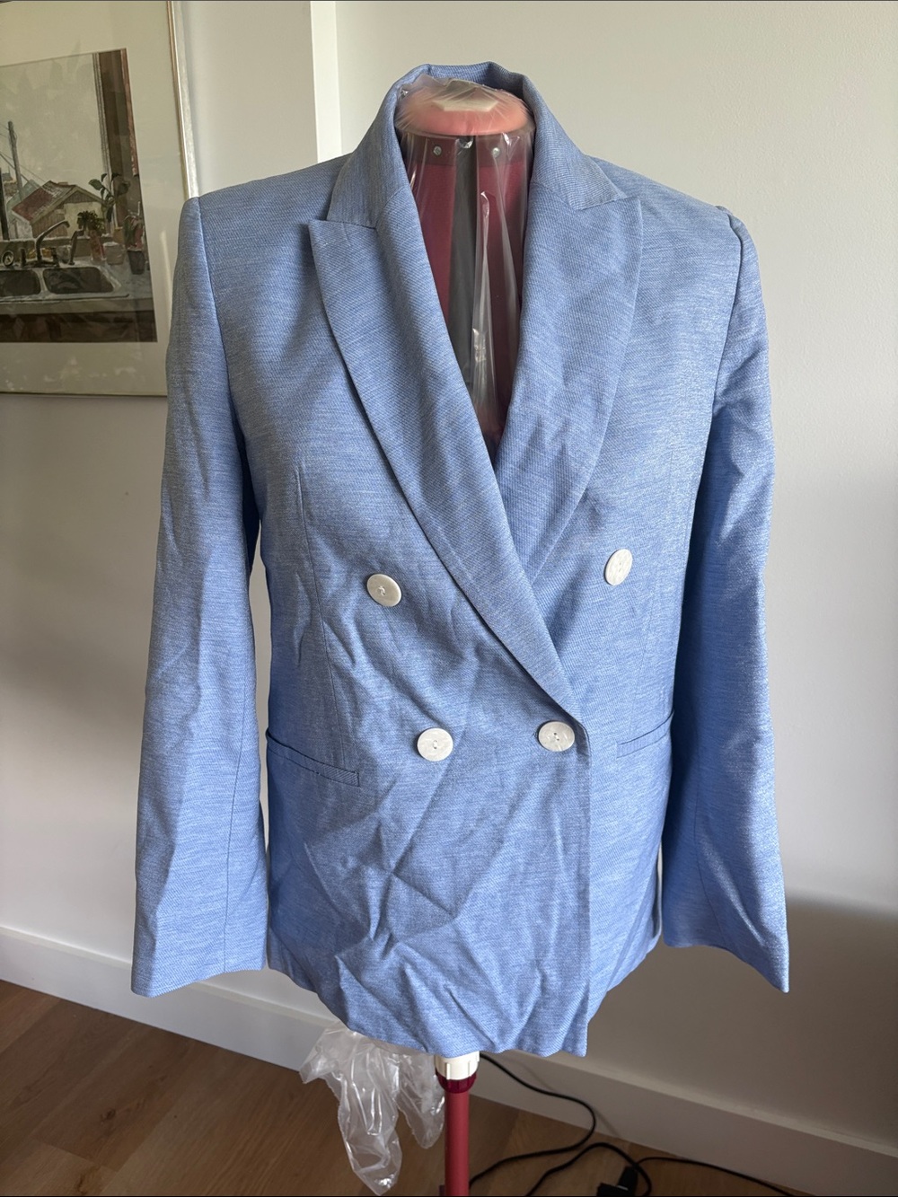 Zara Light Blue Double-Breasted Blazer with White Buttons